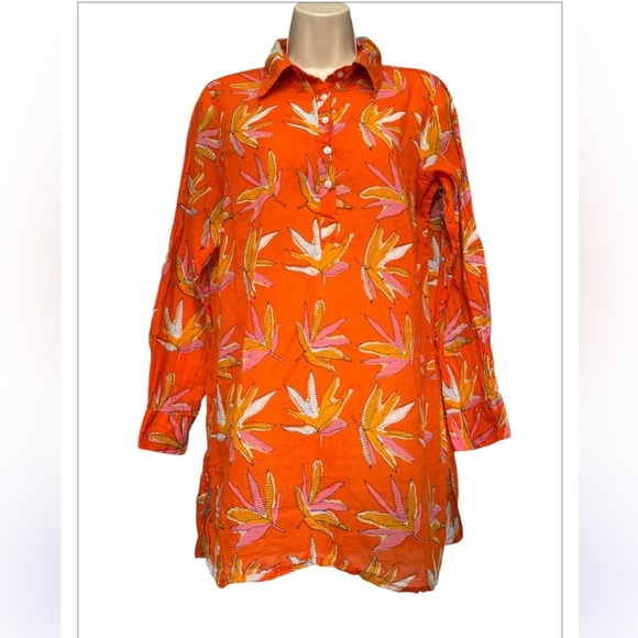Oliphant Orange Print Cotton Tunic Roll Tab Sleeve Sz S - Picture 1 of 5